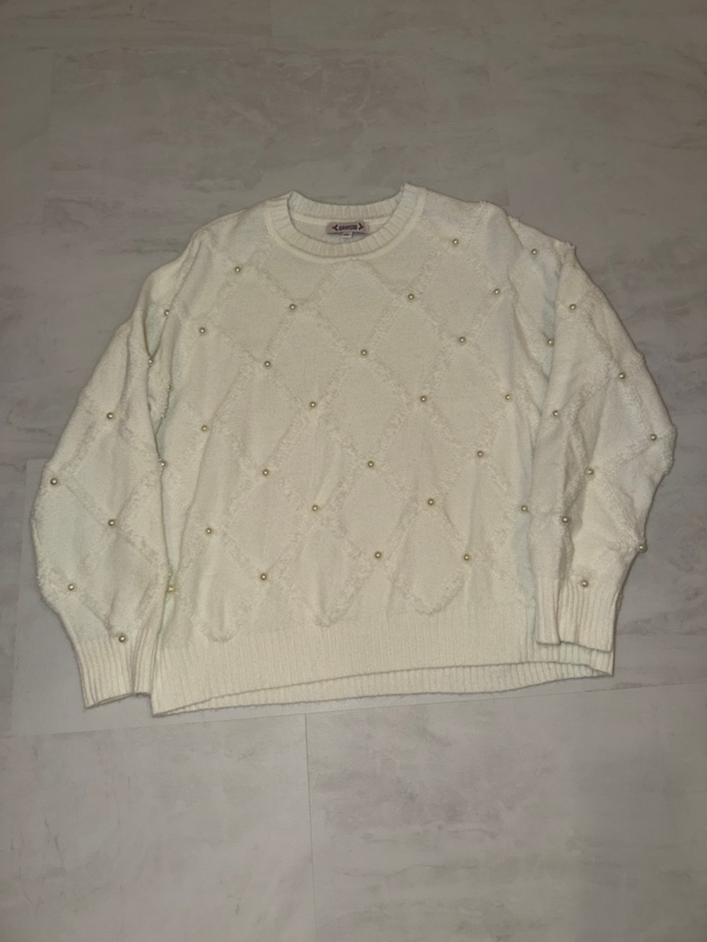 Nannette Cream Pearl-Embellished Cable Knit Crewneck Sweater